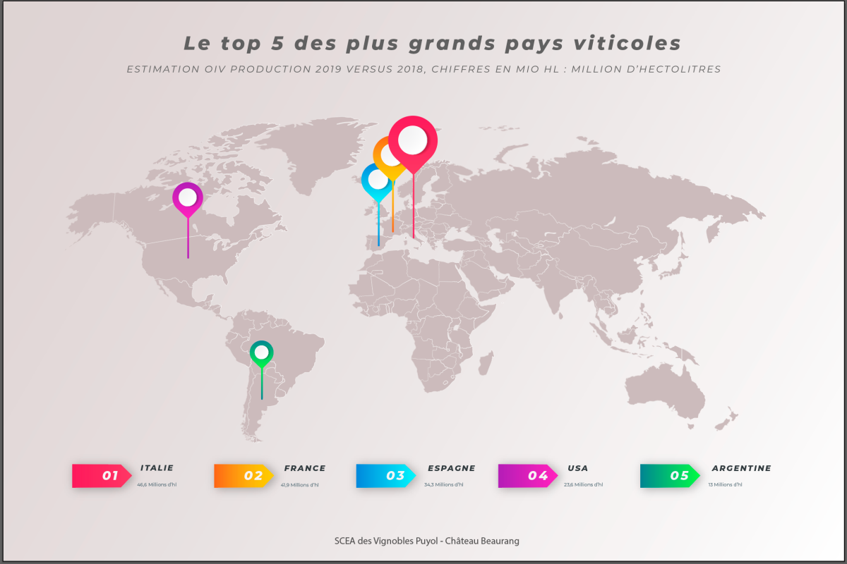 Visuel du top 5 des plus grands pays viticoles - Château Beaurang