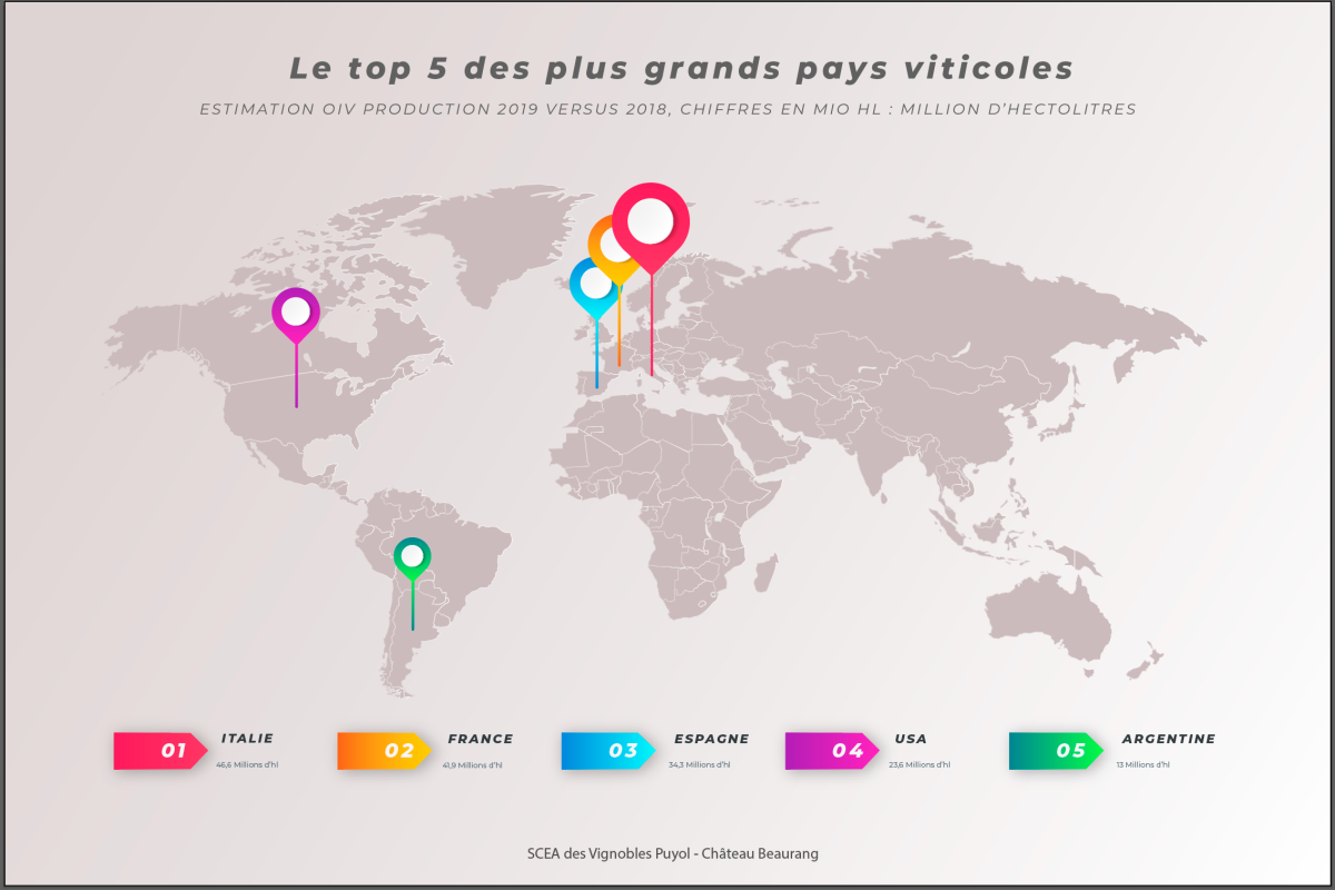 Visuel du top 5 des plus grands pays viticoles - Château Beaurang 